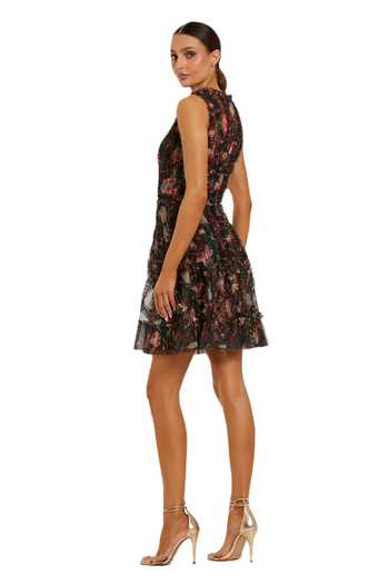 Shop_Mac Duggal_Black Polyester Ruffles High Neck Micro Floral Print Dress _at_Aza_Fashions