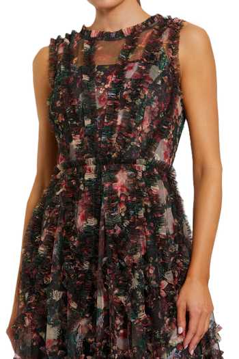 Mac Duggal_Black Polyester Ruffles High Neck Micro Floral Print Dress _Online_at_Aza_Fashions