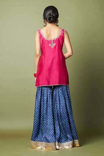 Shop_Pants And Pajamas_Wine Silk, Modal Zari, Embroidery Round Neck Neel Kiran Kurta And Sharara Set _at_Aza_Fashions