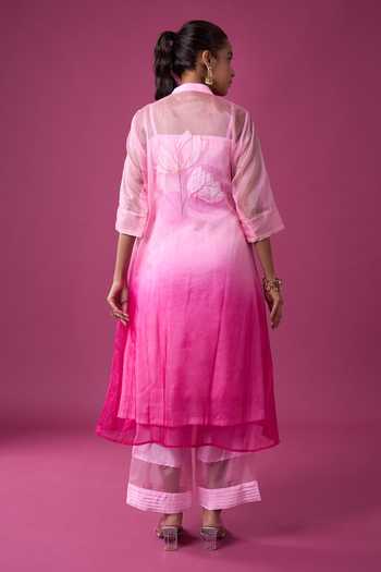 Khwaab By Sanjana Lakhani_Pink Organza Embroidery Mandarin Collar Hand Painted Jacket Pant Set _Online_at_Aza_Fashions