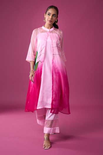 Buy_Khwaab By Sanjana Lakhani_Pink Organza Embroidery Mandarin Collar Hand Painted Jacket Pant Set 