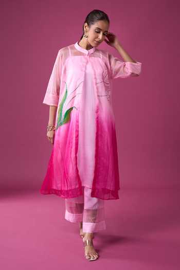 Shop_Khwaab By Sanjana Lakhani_Pink Organza Embroidery Mandarin Collar Hand Painted Jacket Pant Set 
