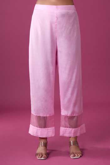 Khwaab By Sanjana Lakhani_Pink Organza Embroidery Mandarin Collar Hand Painted Jacket Pant Set _Online