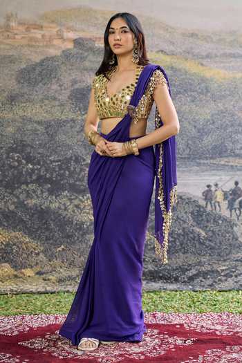 Buy_Itrh_Purple Georgette Mirrors Scoop Neck Ruhani Pre-draped Saree Set _at_Aza_Fashions
