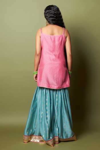 Shop_Pants And Pajamas_Pink Silk, Modal, Chanderi Embroidery, Zari Square Neck Firozi Gulab Kurta Set _at_Aza_Fashions