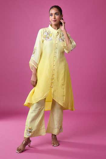 Buy_Khwaab By Sanjana Lakhani_Yellow Silk Embroidery Mandarin Collar, Yes Hand Kurta Set _at_Aza_Fashions