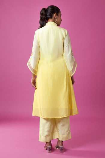 Shop_Khwaab By Sanjana Lakhani_Yellow Silk Embroidery Mandarin Collar, Yes Hand Kurta Set _at_Aza_Fashions