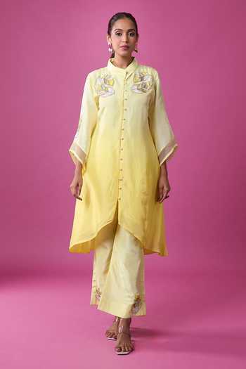 Khwaab By Sanjana Lakhani_Yellow Silk Embroidery Mandarin Collar, Yes Hand Kurta Set _Online_at_Aza_Fashions