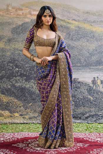 Buy_Itrh_Blue Georgette, Organza Embroidery, Zari Scoop Neck Advay Ombre Saree Set _at_Aza_Fashions