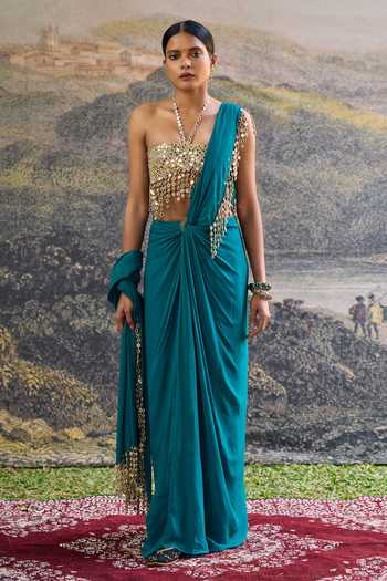 Buy_Itrh_Teal Georgette Mirrors Bandeau Neck Nalini Pre-draped Saree Set _at_Aza_Fashions