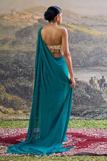 Shop_Itrh_Teal Georgette Mirrors Bandeau Neck Nalini Pre-draped Saree Set _at_Aza_Fashions