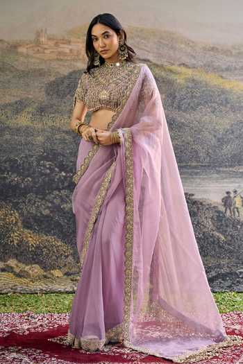 Buy_Itrh_Lilac Organza Embroidery, Sequins, Beads, Pearls, Tassels High Aadhira Saree Set _at_Aza_Fashions