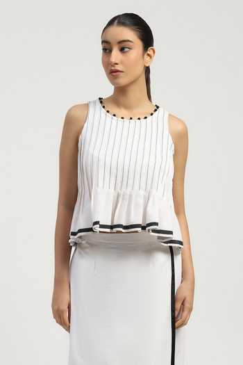 Buy_Abraham And Thakore_Black Cotton Round Neck Pleated Top _at_Aza_Fashions