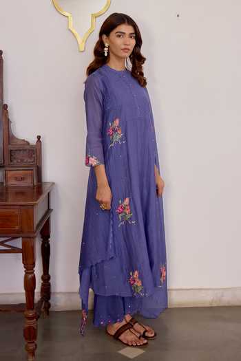 Beige_Blue Chanderi, Cotton Satin Embroidery, Sequins, Beads, Applique Kurta Set _Online_at_Aza_Fashions