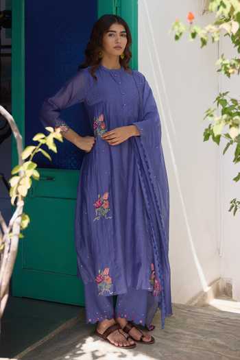 Buy_Beige_Blue Chanderi, Cotton Satin Embroidery, Sequins, Beads, Applique Kurta Set _at_Aza_Fashions