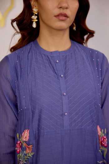 Buy_Beige_Blue Chanderi, Cotton Satin Embroidery, Sequins, Beads, Applique Kurta Set 