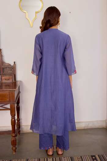 Shop_Beige_Blue Chanderi, Cotton Satin Embroidery, Sequins, Beads, Applique Kurta Set _at_Aza_Fashions