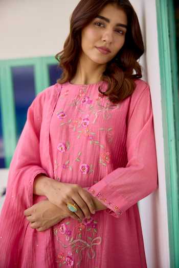 Beige_Pink Chanderi, Cotton Satin Embroidery, Sequins, Beads, Pure Mul Kurta Set _Online_at_Aza_Fashions