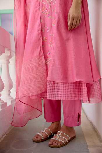 Shop_Beige_Pink Chanderi, Cotton Satin Embroidery, Sequins, Beads, Pure Mul Kurta Set _Online_at_Aza_Fashions