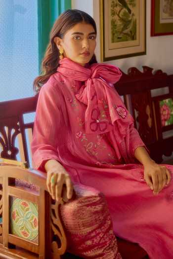 Beige_Pink Chanderi, Cotton Satin Embroidery, Sequins, Beads, Pure Mul Kurta Set _at_Aza_Fashions