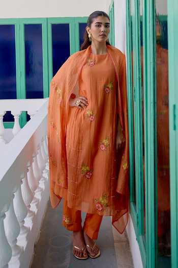 Buy_Beige_Orange Chanderi, Cotton Satin Embroidery, Sequins, Beads, Pearls Mul Kurta Set _at_Aza_Fashions