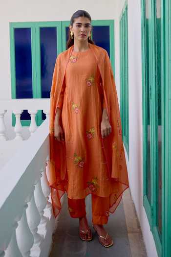 Shop_Beige_Orange Chanderi, Cotton Satin Embroidery, Sequins, Beads, Pearls Mul Kurta Set _at_Aza_Fashions