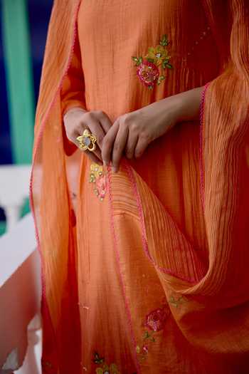 Beige_Orange Chanderi, Cotton Satin Embroidery, Sequins, Beads, Pearls Mul Kurta Set _Online