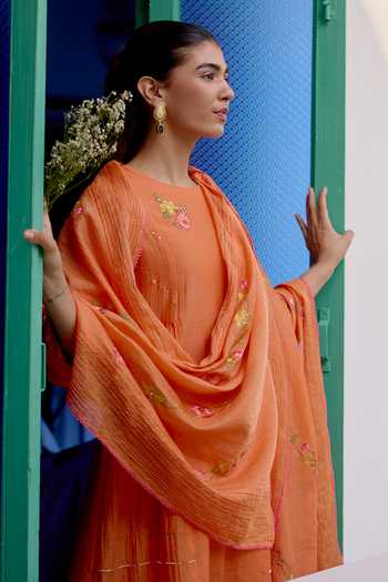 Buy_Beige_Orange Chanderi, Cotton Satin Embroidery, Sequins, Beads, Pearls Mul Kurta Set _Online