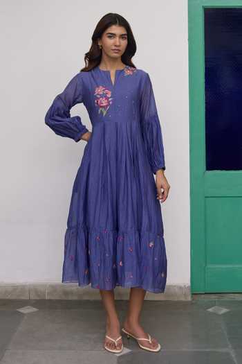 Buy_Beige_Blue Chanderi Embroidery, Sequins, Beads Split Hand Tiered Pure Mul Dress _at_Aza_Fashions