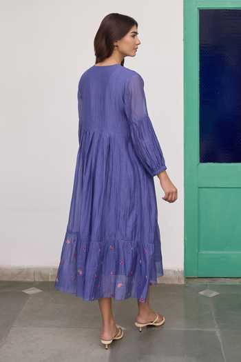 Shop_Beige_Blue Chanderi Embroidery, Sequins, Beads Split Hand Tiered Pure Mul Dress _at_Aza_Fashions