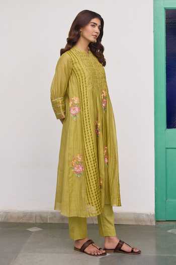 Beige_Pink Chanderi, Cotton Satin Embroidery, Sequins, Beads Hand Kurta And Pant Set _Online_at_Aza_Fashions