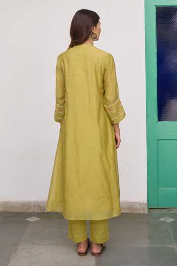 Shop_Beige_Pink Chanderi, Cotton Satin Embroidery, Sequins, Beads Hand Kurta And Pant Set _at_Aza_Fashions