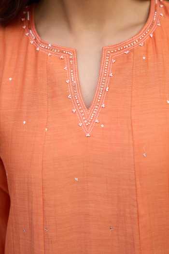 Beige_Orange Chanderi Embroidery, Sequins, Beads, Applique Split Pure Mul Dress _Online