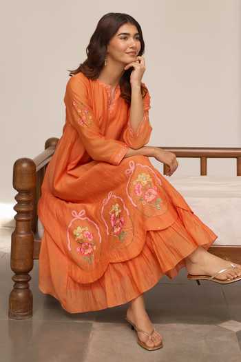 Shop_Beige_Orange Chanderi Embroidery, Sequins, Beads, Applique Split Pure Mul Dress _at_Aza_Fashions