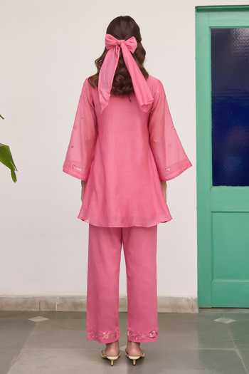Shop_Beige_Pink Chanderi, Cotton Satin Embroidery, Sequins, Beads, Mul Top And Pant Set _at_Aza_Fashions