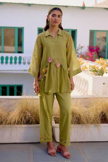 Buy_Beige_Olive Green Chanderi, Cotton Satin Embroidery, Sequins, Floral Top And Pant Set _at_Aza_Fashions