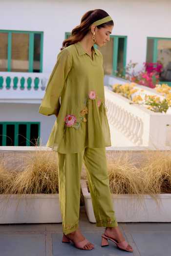Shop_Beige_Olive Green Chanderi, Cotton Satin Embroidery, Sequins, Floral Top And Pant Set _at_Aza_Fashions
