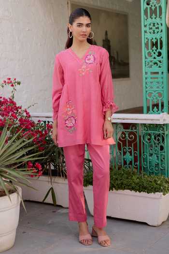 Buy_Beige_Pink Chanderi, Cotton Satin Sequins, Beads Mul Top And Pant Set _at_Aza_Fashions