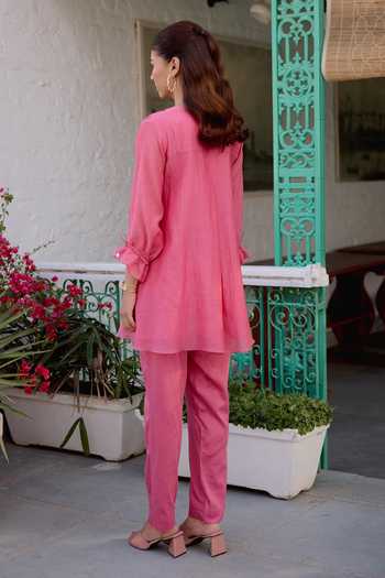 Shop_Beige_Pink Chanderi, Cotton Satin Sequins, Beads Mul Top And Pant Set _at_Aza_Fashions