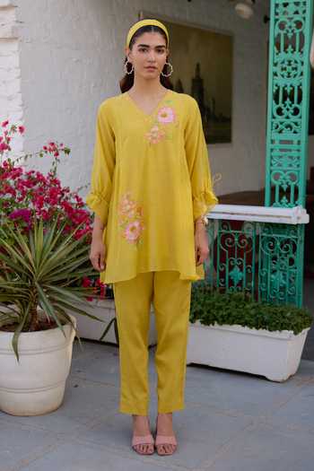 Shop_Beige_Yellow Chanderi, Cotton Satin Embroidery, Mul Top And Pant Set _at_Aza_Fashions