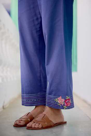 Beige_Blue Chanderi, Cotton Satin Embroidery, Sequins, Mul Top And Pant Set _Online_at_Aza_Fashions