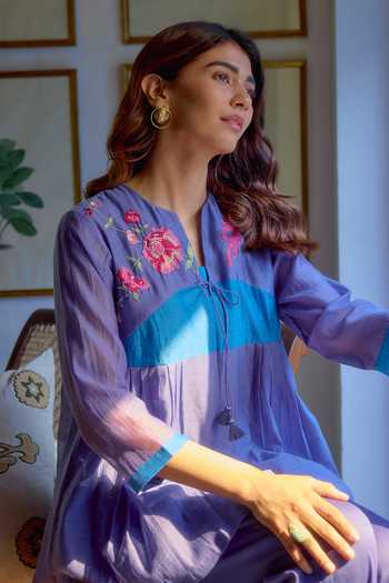 Buy_Beige_Blue Chanderi, Cotton Satin Embroidery, Sequins, Mul Top And Pant Set _Online_at_Aza_Fashions
