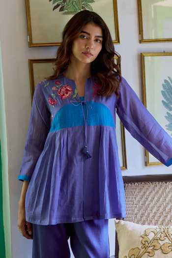 Shop_Beige_Blue Chanderi, Cotton Satin Embroidery, Sequins, Mul Top And Pant Set _at_Aza_Fashions