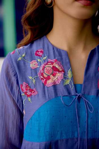 Beige_Blue Chanderi, Cotton Satin Embroidery, Sequins, Mul Top And Pant Set _at_Aza_Fashions