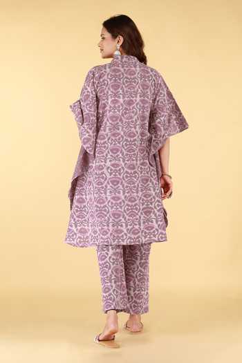 Shop_Kalakaari By Sagarika_Purple Cotton Mandarin Collar Floral Print Kaftan And Pant Set _at_Aza_Fashions
