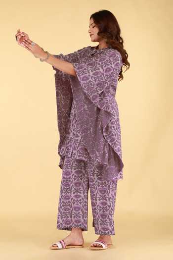 Buy_Kalakaari By Sagarika_Purple Cotton Mandarin Collar Floral Print Kaftan And Pant Set _Online_at_Aza_Fashions