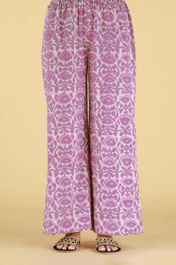 Shop_Kalakaari By Sagarika_Purple Cotton Mandarin Collar Floral Print Kaftan And Pant Set _Online_at_Aza_Fashions