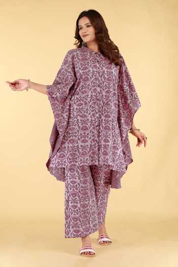 Buy_Kalakaari By Sagarika_Purple Cotton Mandarin Collar Floral Print Kaftan And Pant Set _at_Aza_Fashions