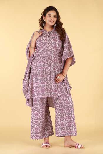 Buy_Kalakaari By Sagarika_Purple Cotton Mandarin Collar Floral Print Kaftan And Pant Set 