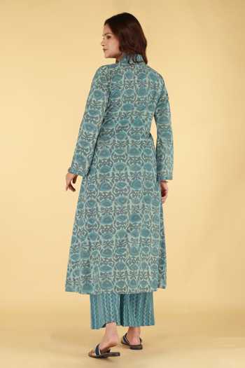 Shop_Kalakaari By Sagarika_Grey Cotton V-neck Motif Print Kurta And Palazzo Set _at_Aza_Fashions